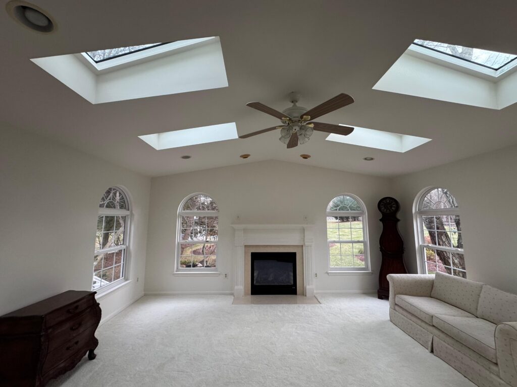 Finished Great Falls interior with painted ceiling, skylights, and large windows